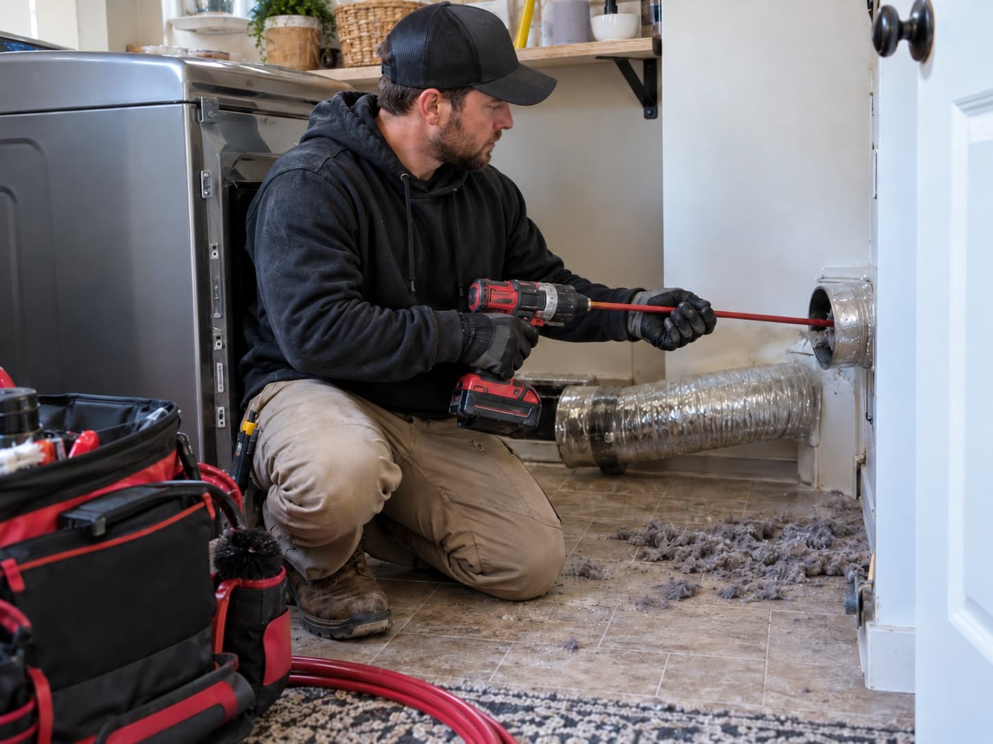 Technician running a rotary brush on a drill through a dryer duct behind a pulled-out dryer